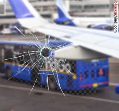 indigo bus-glass brokena after jet blast from a spicejet flight 5 passengers injured