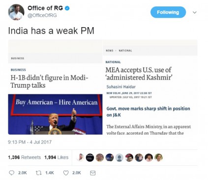 Rahuls office tweet- India has a weak PM