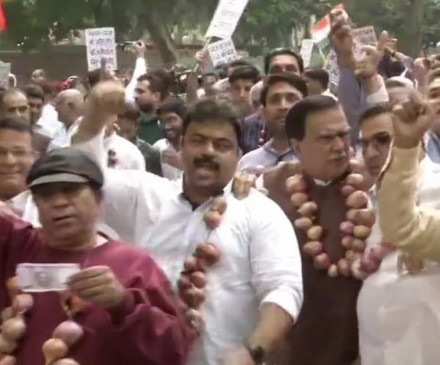 दिल्ली: प्याज की माला पहनकर कांग्रेस ने किया विरोध प्रदर्शन दिल्ली: प्याज की माला पहनकर कांग्रेस ने किया विरोध प्रदर्शन