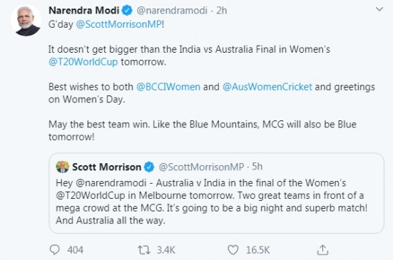 Modi, Morrison congratulate before womens T20 World Cup final Modi, Morrison congratulate before womens T20 World Cup final