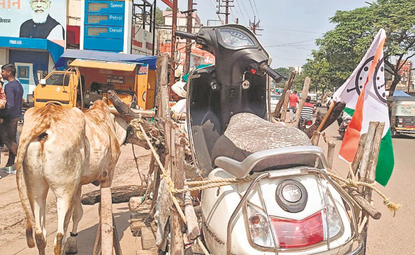 Agitation against inflation - protested by placing two wheelers on bullock cart