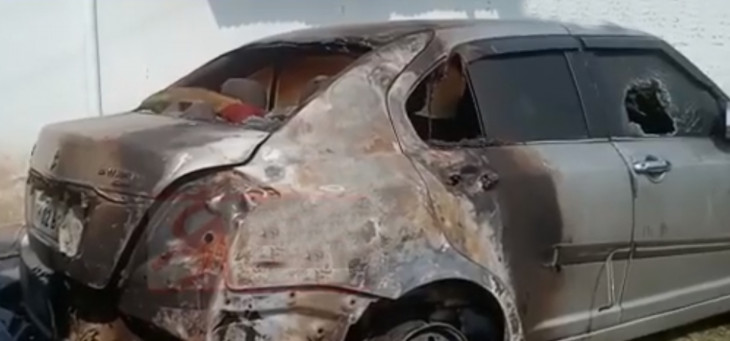 The car parked in the compound of the house was set on fire The car parked in the compound of the house was set on fire