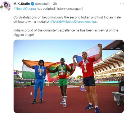 स्टालिन ने विश्व चैंपियनशिप में रजत पदक जीतने पर नीरज चोपड़ा को बधाई दी