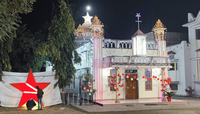 Preparation for the birth anniversary of Lord Jesus Christ, the church decorated with colorful frills
